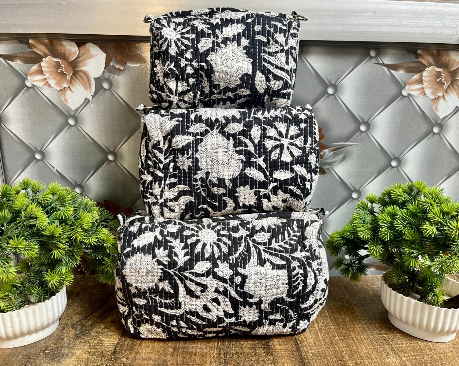 Indian Black Floral Print Toiletry Bag Unisex Makeup Bags Waterproof 3 Pcs. Set