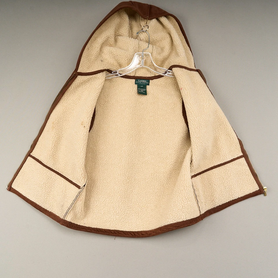 Lauren Ralph Lauren Womens PS Brown Suede Look Sherpa Lined Hooded Zip Up Vest - Image 3 of 4