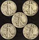Lot of 5 1938-1943 Walking Liberty Half Dollar 90% Silver Coins ($2.50 FV)