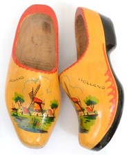 Vintage Hand-Carved Wooden Dutch Holland 12" Clogs Hand-Painted Windmill Decor