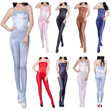 Womens One Piece Shiny Oil Bodystockings Zipper Nylon Sheer Pantyhose Bodysuit