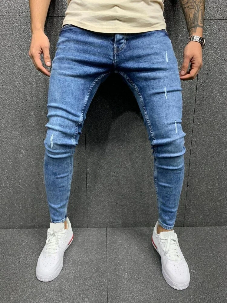 Pantalones Vaqueros Ajustados Rasgados Para Hombre Jeans De Retales Azul De  Moda