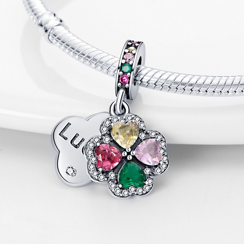 Lucky Love Heart 4 Leaf Clover Rainbow Dangle Charm in 925 Sterling Silver