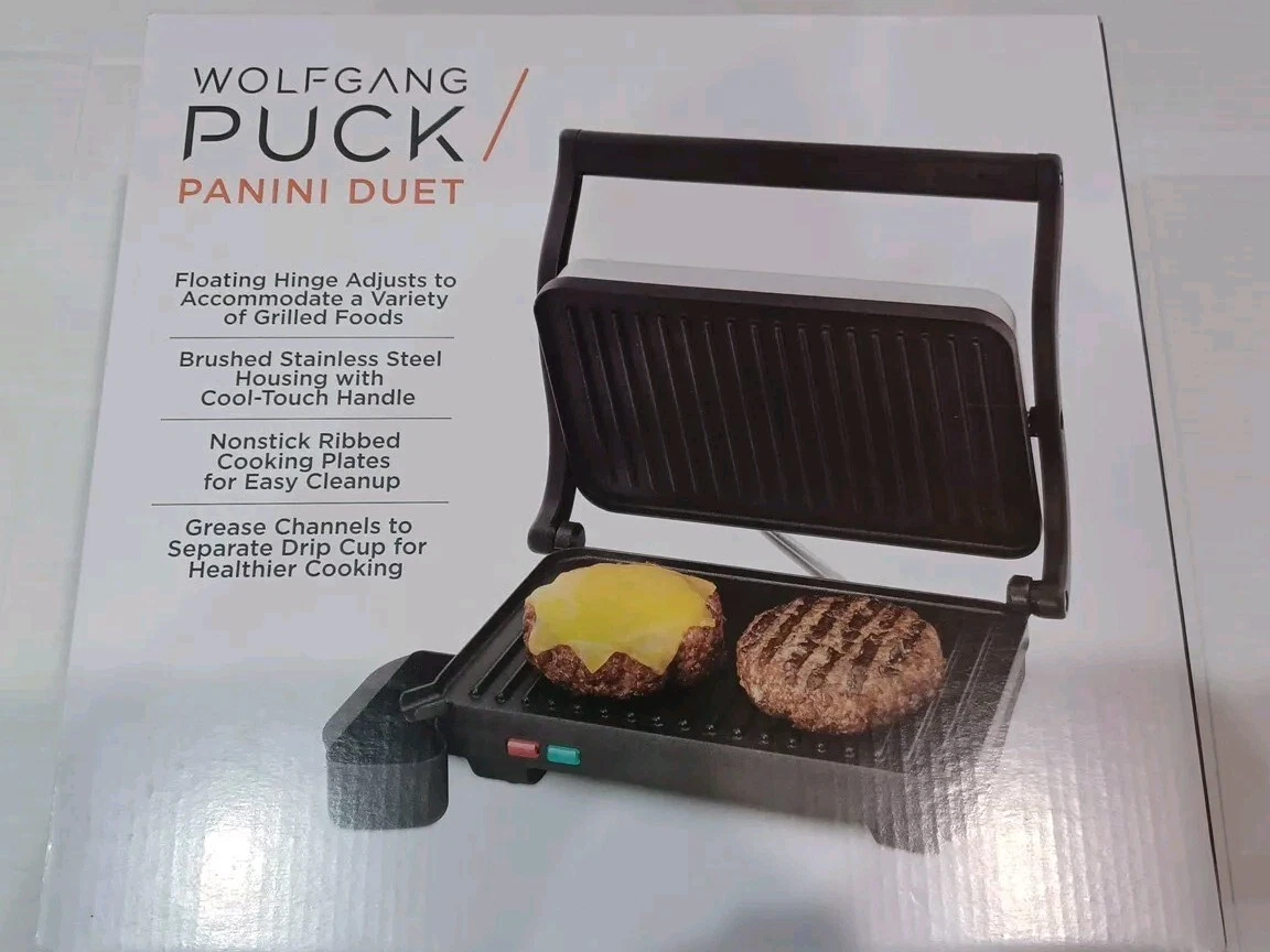WOLFGANG PUCK Panini Duet Sandwich Maker Non-Stick Stainless Steel Open Box