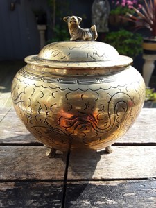 VINTAGE BRONZE ORIENTAL CHINESE BOWL WITH LID DRAGON CHASING PEARL