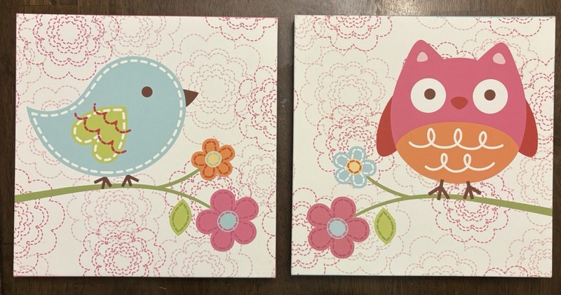 Set of 2 Canvas Wall Art Nursery Decor Cute Owl Blue Bird Pink Floral Kids Room