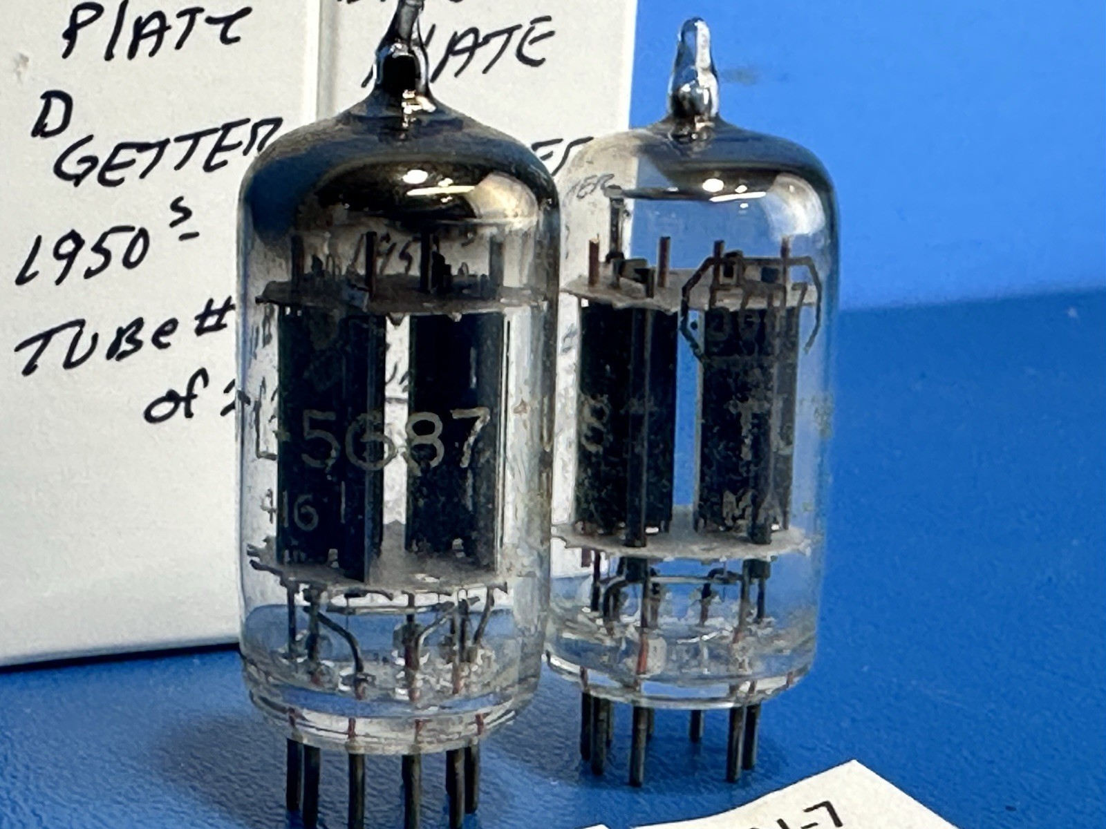 MATCHED PAIR 1950s BLACK PLATE D GETTER TUNG SOL  JTL 5687 TUBES OVER 100%