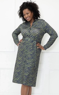 Eloquii Elements Green/ Black Zebra Print Button Down Midi Dress Size 14