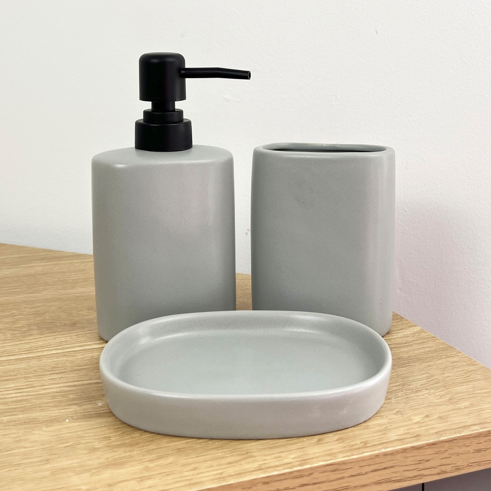 Lotion Dispenser Soap Dish Tumbler Cup Toothbrush Holder Grey 3 Pce Bathroom Set