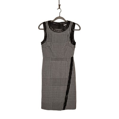 DKNY NEW $134 Houndstooth Sleeveless Dress Faux Leather Trim Black Cream Size 4
