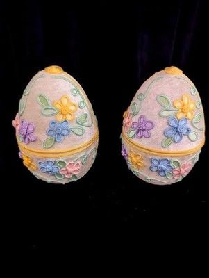  2 Velvet Easter Eggs With Soutache Worked Flowers Lined Interior Trinket Box   
