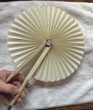 Antique Victorian Ivory White Paper Folding Hand Fan with Leather Handle 1800  s