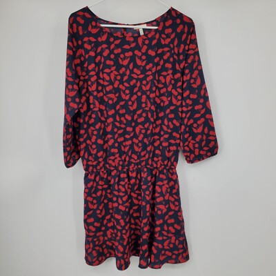 Joie Navy Blue and Red Elasticized Drop Waist Novelty Cherry Print Dress Medium