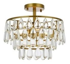 Glass or Crystal Flush Mount Chandelier Brass Color Modern Kitchen Bedroom 14"