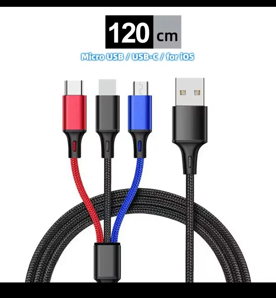 Cable de carga rápida 3 en 1 multi USB para micro iPhone Android tipo C Foto 2 de 4