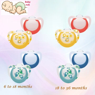 NUK Star Baby Dummy BPA-Free Silicone Soothers Blue Birds/Yellow Flowers 2 Count