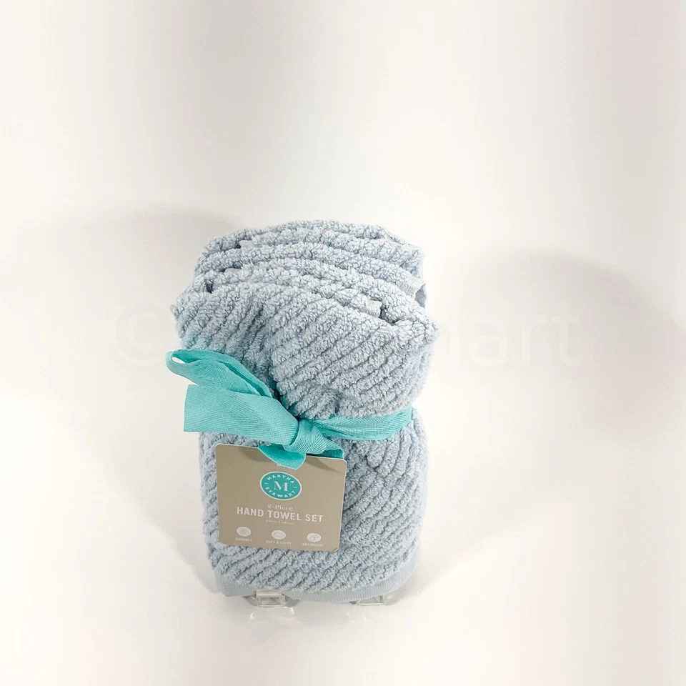 Martha Stewart 2 件套浴室棉手巾速干条纹全新蓝色 — 第 2/4 张图片