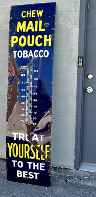 Vintage 1935 Chew Mail Pouch Tobacco 72” Porcelain Thermometer 6' Original  Sign