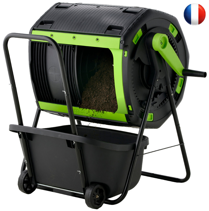 Composteur rotatif 180l à double bac avec chariot de collecte pour engrais rapide