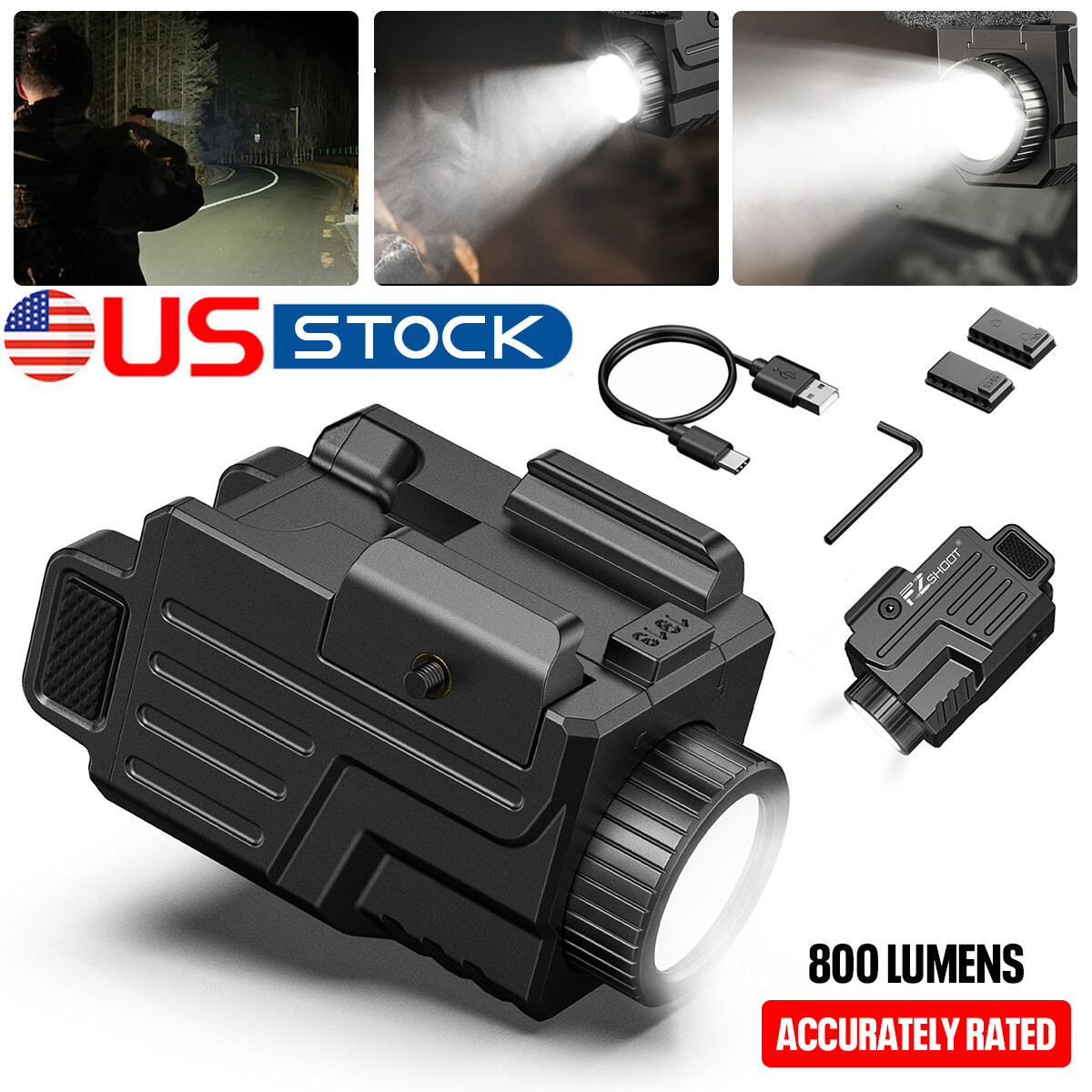 800Lumen Tactical Flashlight Rechargeable Gun Light for Pistol Handgun Picatinny