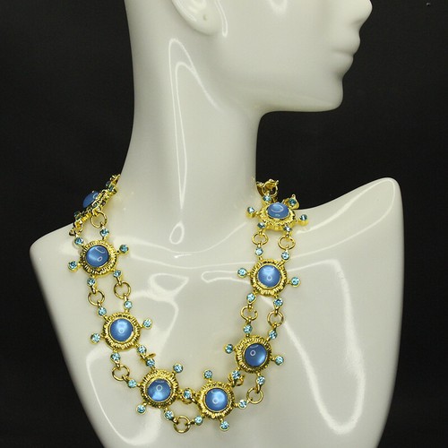Collier Vintage En Métal Émaillé Bleu Vert Et Doré - Bijou Ancien - Occasion