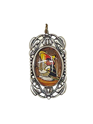 Art Nouveau Sterling Silver Hand Painted Butterfly Wing Musical Scene Pendant