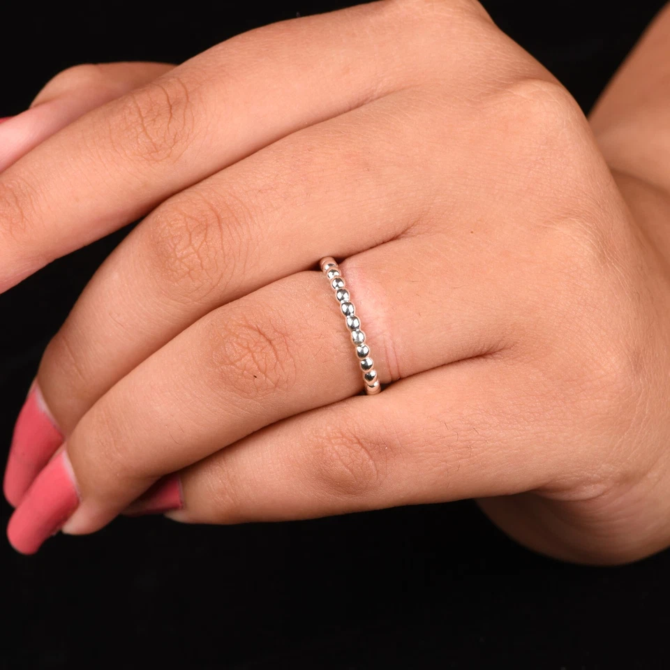 Solid 925 Sterling Silver Bead Ball Eternity Band Stackable Ring For Women Gift - Image 2 of 4