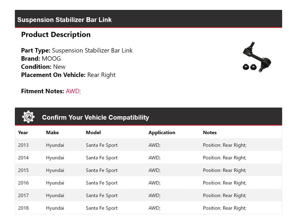 Barra estabilizadora de suspensión deportiva MOOG 2013-2018 para Hyundai Santa Fe MOOG 2013 Foto 2 de 4