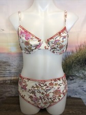 NWT Cupshe Two Piece Bikini Swimsuit Medium White Floral Blue Green Pink Red
