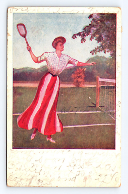 Vintage Old Postcard Lady Woman Dress Tennis Racket Antique 1908
