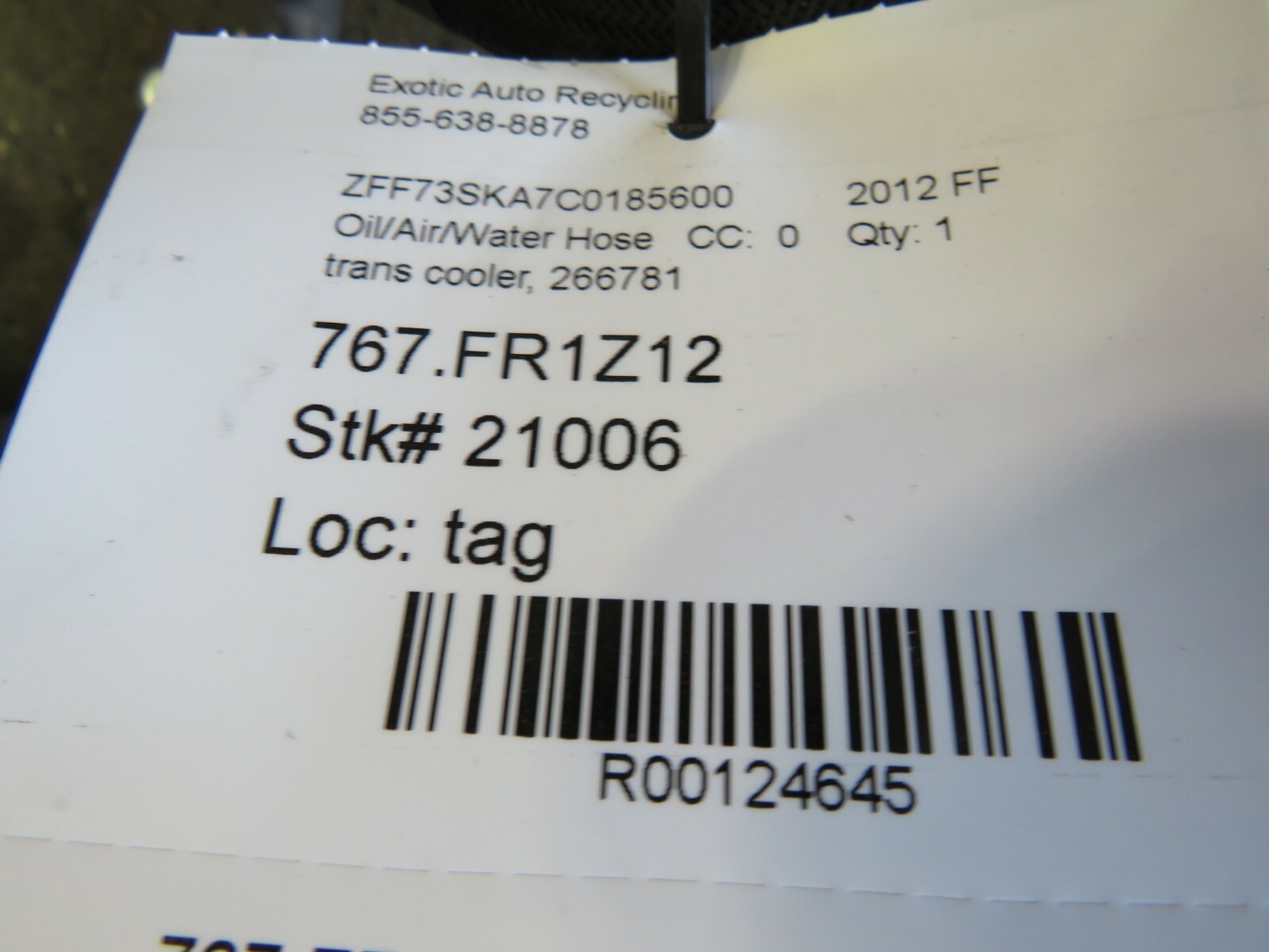 Ferrari FF, Transmission Cooling Hose, Used, P/N 266781