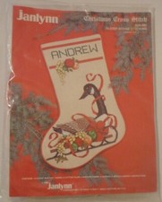 VINTAGE JANLYNN SLEIGH GOOSE CHRISTMAS STOCKING CROSS STITCH KIT NIP 12X17.5"