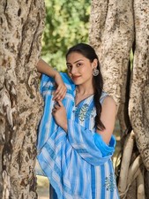 Blue And White Striped A-Line Design Kurta Trouser Dupatta Set