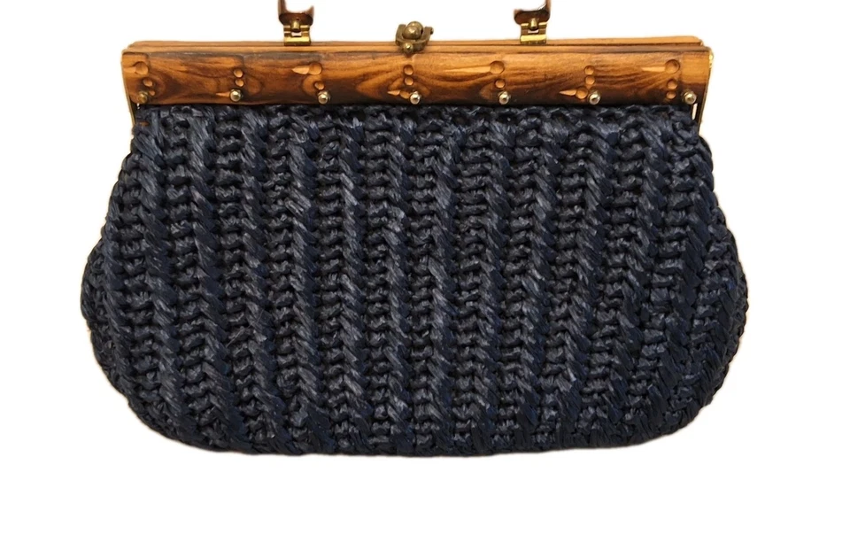 Vintage Retro Woven Raffia Navy Blue Handbag Purse Wood Handle Bohemian Chic MCM - Image 3 of 4