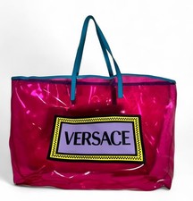 VERSACE 90's Vintage Logo Soft Tote Pink Clear Vinyl Blue Calfskin