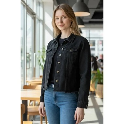 Y2K Black Denim Jacket Floral Embroidered Cropped Grunge Raw Hem Women s Small