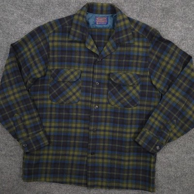 Vintage Pendleton Board Shirt Mens M Green Blue Plaid Virgin Wool Loop Collar