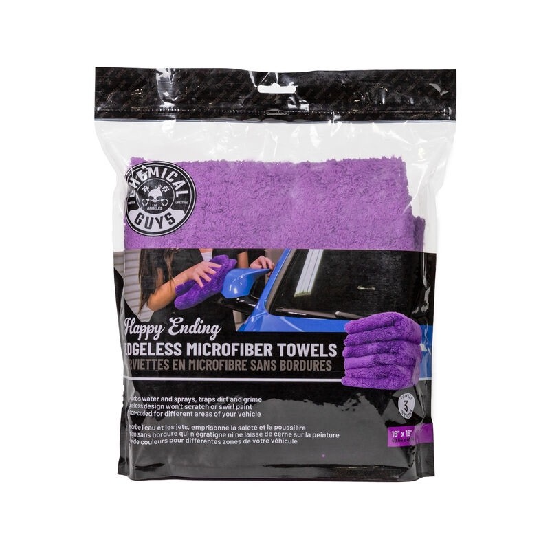 Chemical Guys Happy Ending Edgeless 16"" Purple Plush Microfibre Cloths, 3 Towels