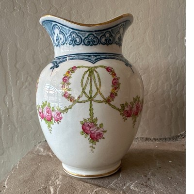 Vintage Floral Vase Blue White Gold Accent Decorative Display Vase Decor