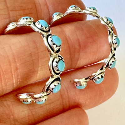 Turquoise Hoop Native American Earrings 1.25  in 925 Sterling Silver Zuni