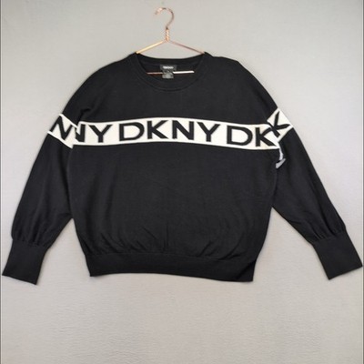 DKNY Pullover Damen Large UK 16 18 schwarz weiß Logo Baumwolle Rundhalsausschnitt