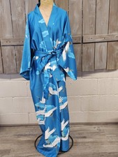 Vintage Kimono Crane Print Turquoise Robe Dressing Duster Gown Japanese Japan