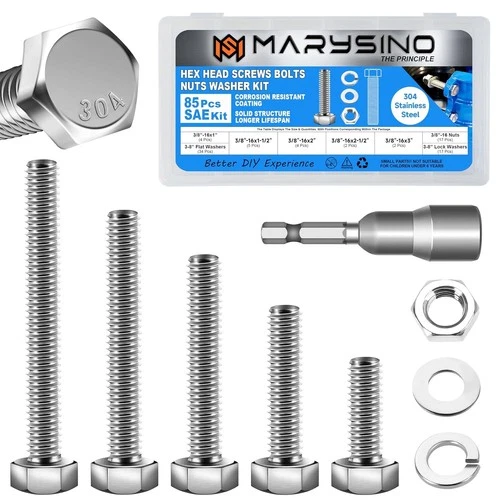 85Pcs 3/8 Bolts, SAE Stainless Steel Nuts and Bolts Assortment Kit, Including 5  - product listing photo