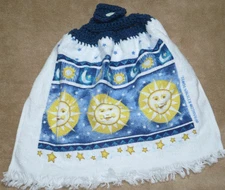 1 Crochet Top Hanging Kitchen Towel Sun Moon Stars, Full navy yarn