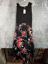 Auselily Maxi Dress Women XL Black Floral Scoop Neck Sleeveless Casual Summer