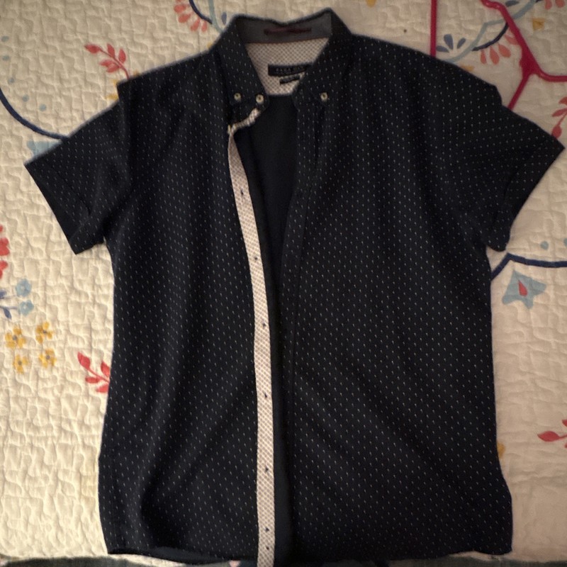 Zara Man Men's Cotton Short Sleeve Button-Up Shirt Navy White Polka Dot L