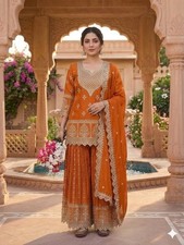Heavy Chinon Silk Orange Top Palazzo With Dupatta For Indian Function Wear