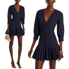 Cinq A Sept Sawyer V-Neck Pleated Mini Dress Women's 00 Blue Drop Waist Chic NWT