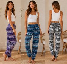 Womens Aztec Harem Trousers Boho Cuffed Joggers Lounge Cotton Ladies Ali Baba UK