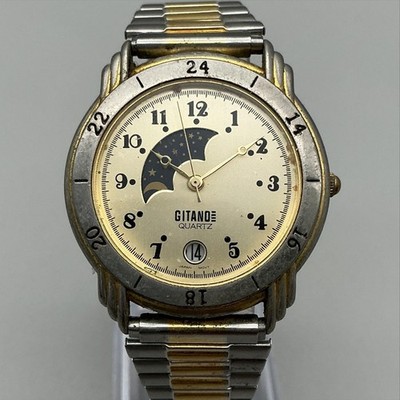 Vintage Gitano Mens Watch 36mm Two Tone Moon Phase Stretch Band New Battery
